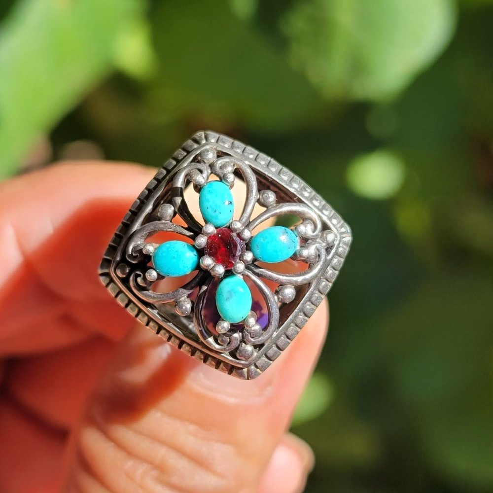 Stunning quality Sleeping Beauty turquoise garnet 925 sterling silver ring
